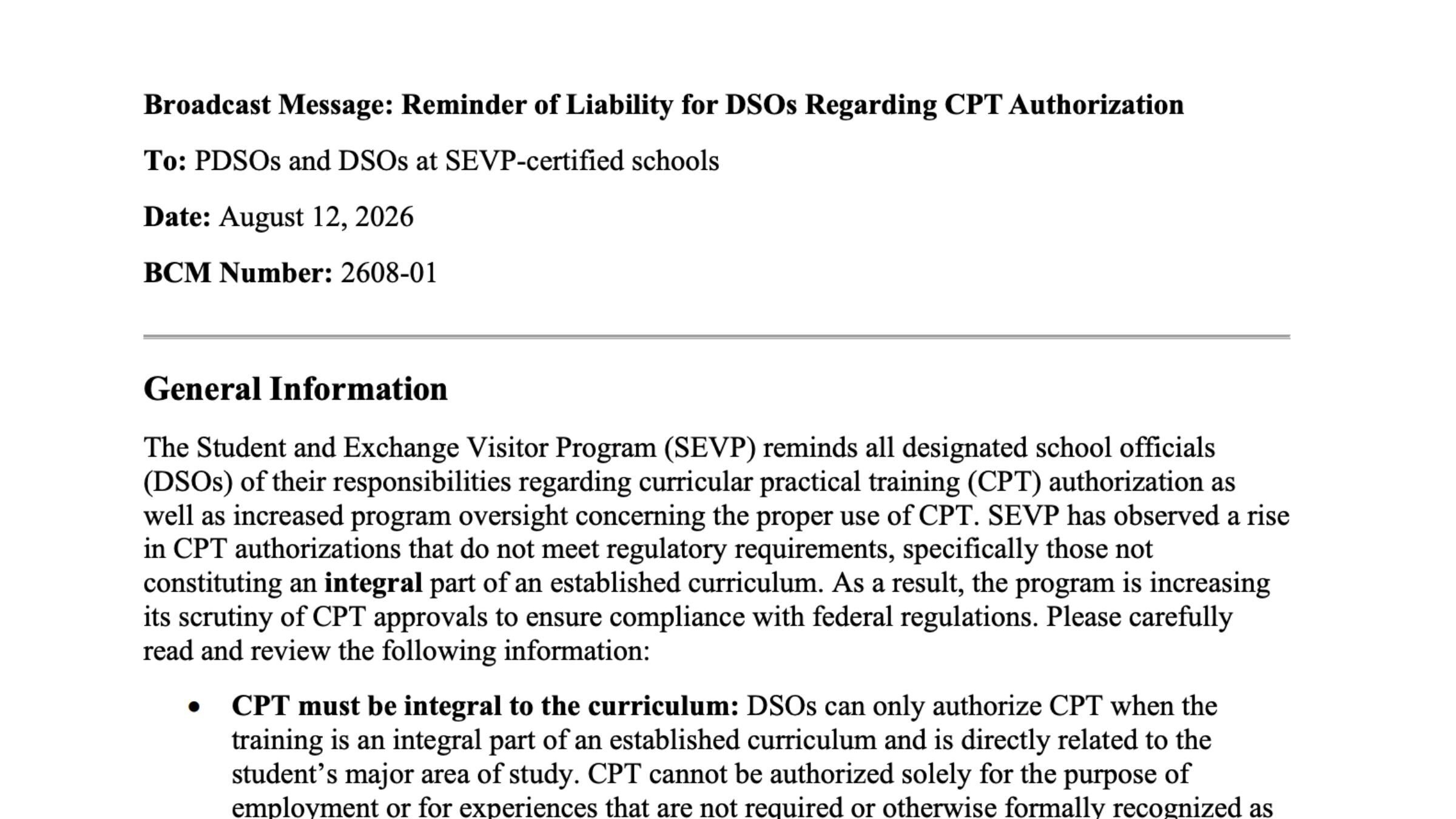 DHS Broadcast Message on CPT