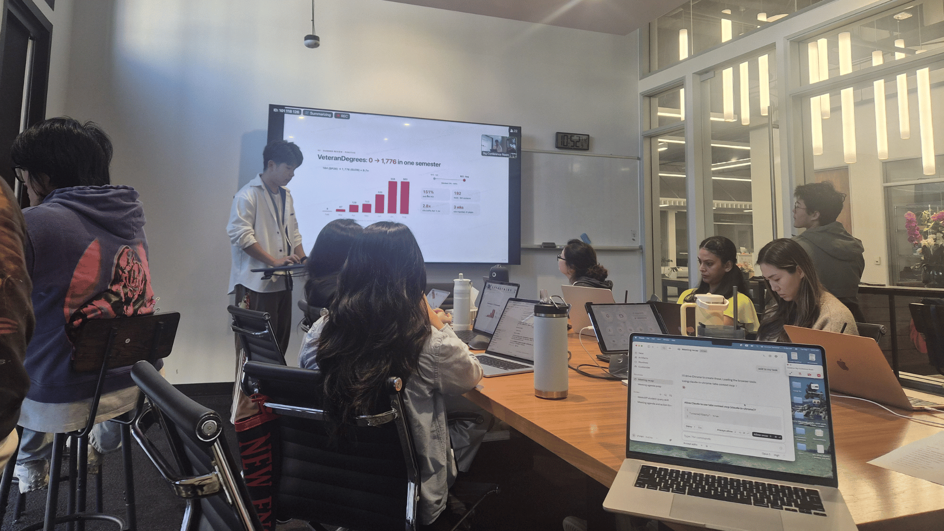 GoElite team members attend the Summer Termly Review as a colleague presents company performance and progress.